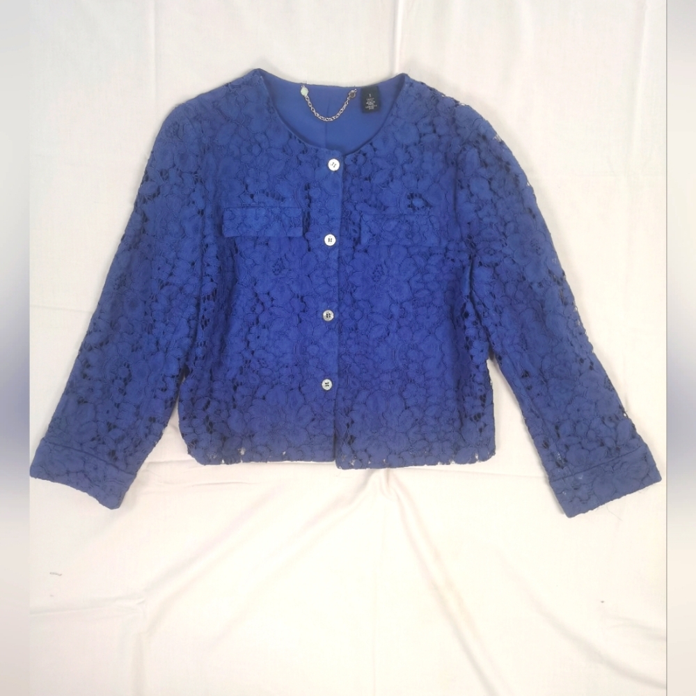 Black Label By Chicos Blue Lace Casual Collarless Button Up Jacket Size 1